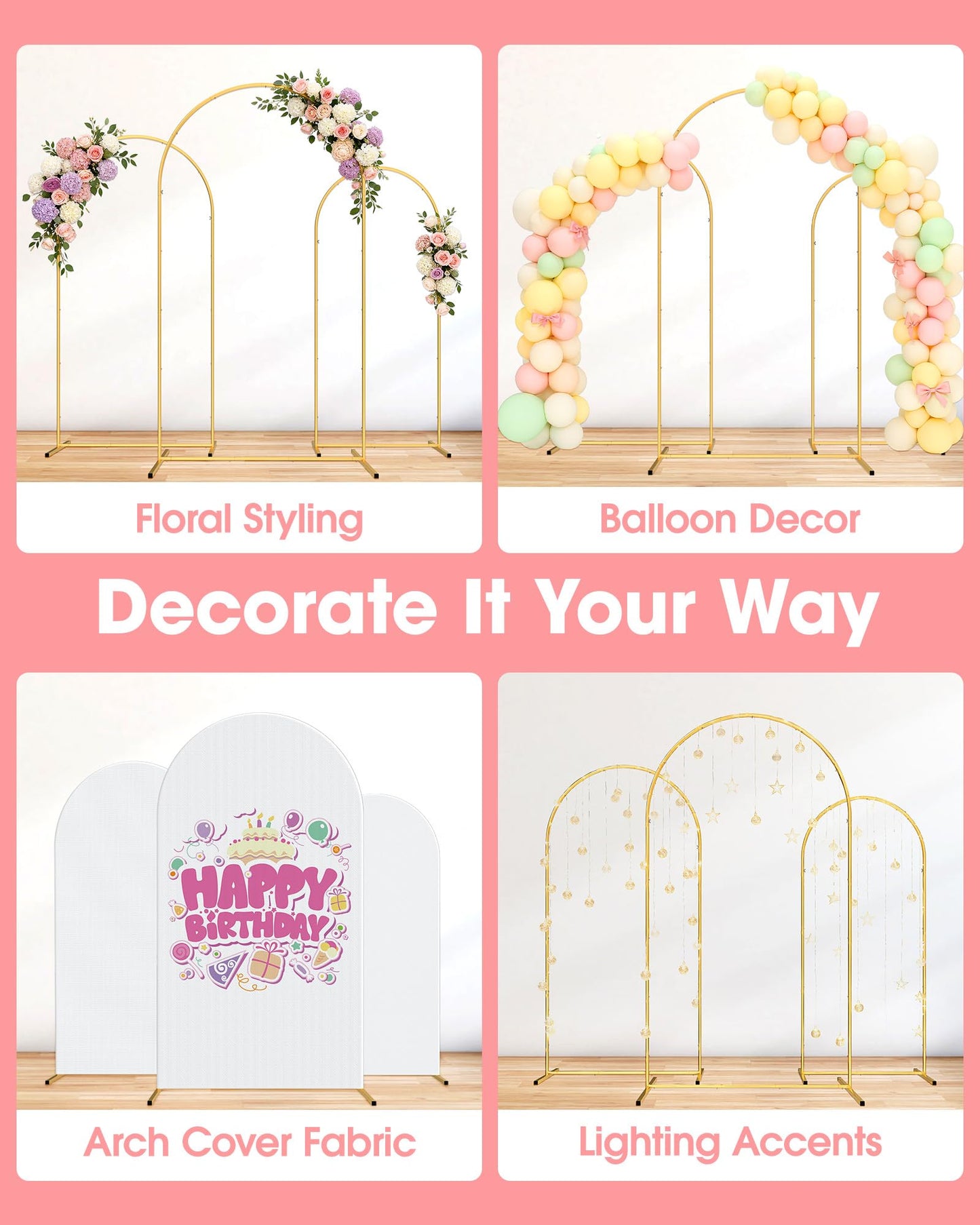 Pureegg Wedding Arch Backdrop Stand Set of 3 (7.2FT, 6.6FT, 6FT) - Stable Freestanding Gold Balloon Arch Stand, Easy Assembly & Reusable, Sturdy Metal Frame for Wedding, Baby Shower, Birthday
