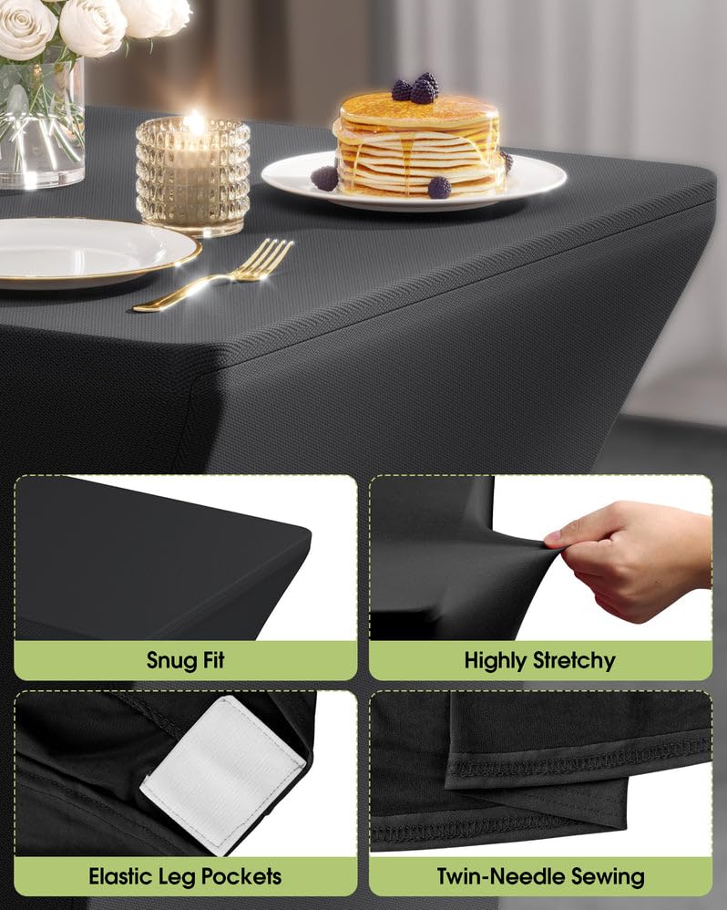 Pureegg Spandex Tablecloth 6ft - 2 Pack, Fitted and Tight Cloth for Rectangle Table, Wrinkle-Free and Stretch Table Cover for Party, Wedding, Banquet and Birthday, Black