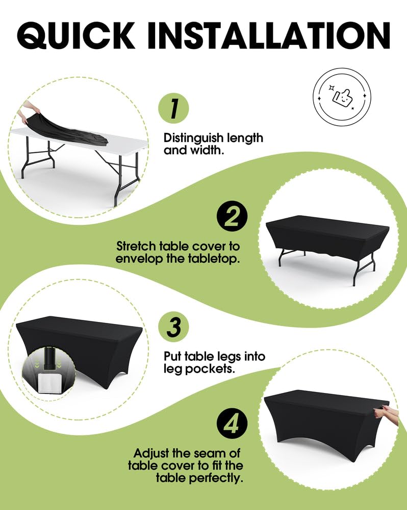 Pureegg Spandex Tablecloth 6ft - 2 Pack, Fitted and Tight Cloth for Rectangle Table, Wrinkle-Free and Stretch Table Cover for Party, Wedding, Banquet and Birthday, Black