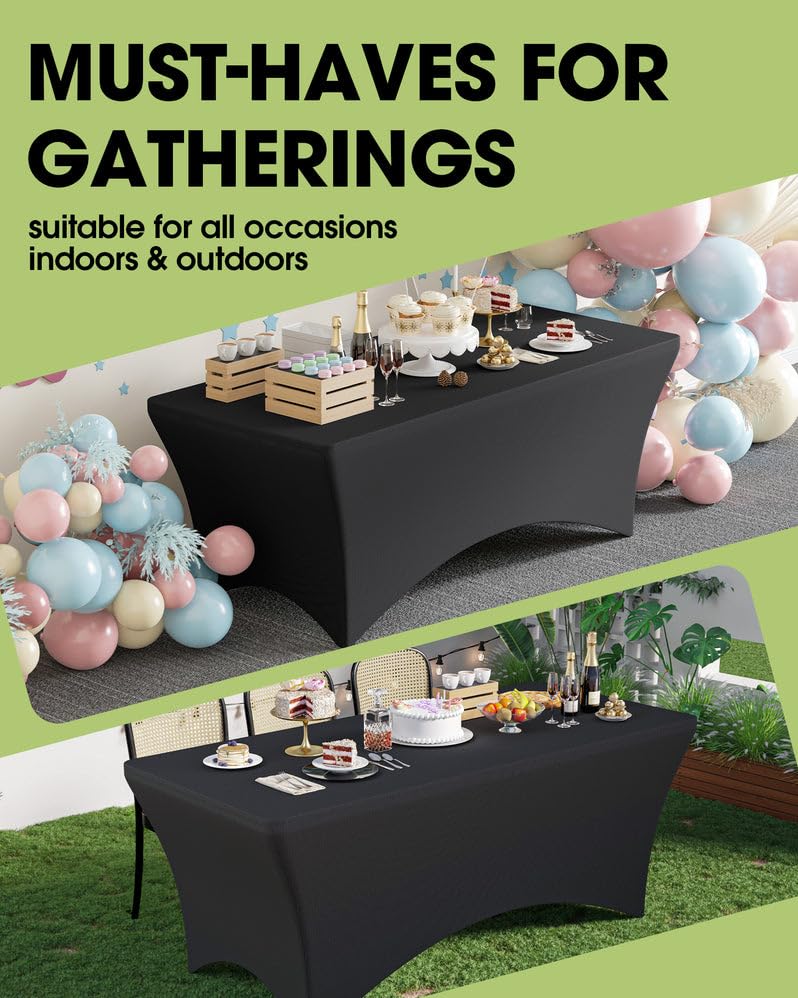 Pureegg Spandex Tablecloth 6ft - 2 Pack, Fitted and Tight Cloth for Rectangle Table, Wrinkle-Free and Stretch Table Cover for Party, Wedding, Banquet and Birthday, Black