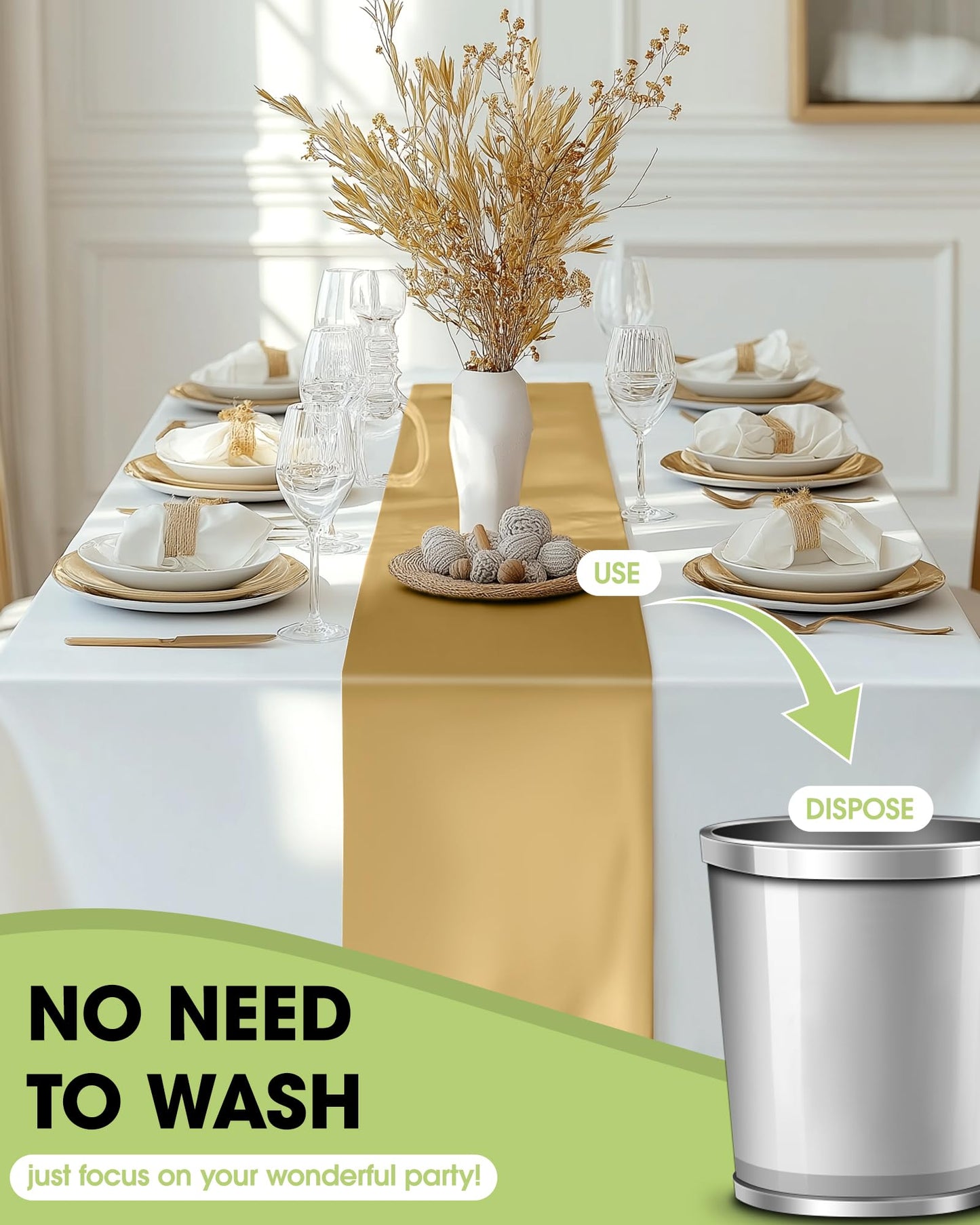 Pureegg Gold Plastic Table Runners - 10 Pack, 14'' x 108'', Water Resistant & Disposable Centerpiece Decorations for Table Cloth, Wedding, Birthday, Holiday, Baby Shower, Party, Home Decor