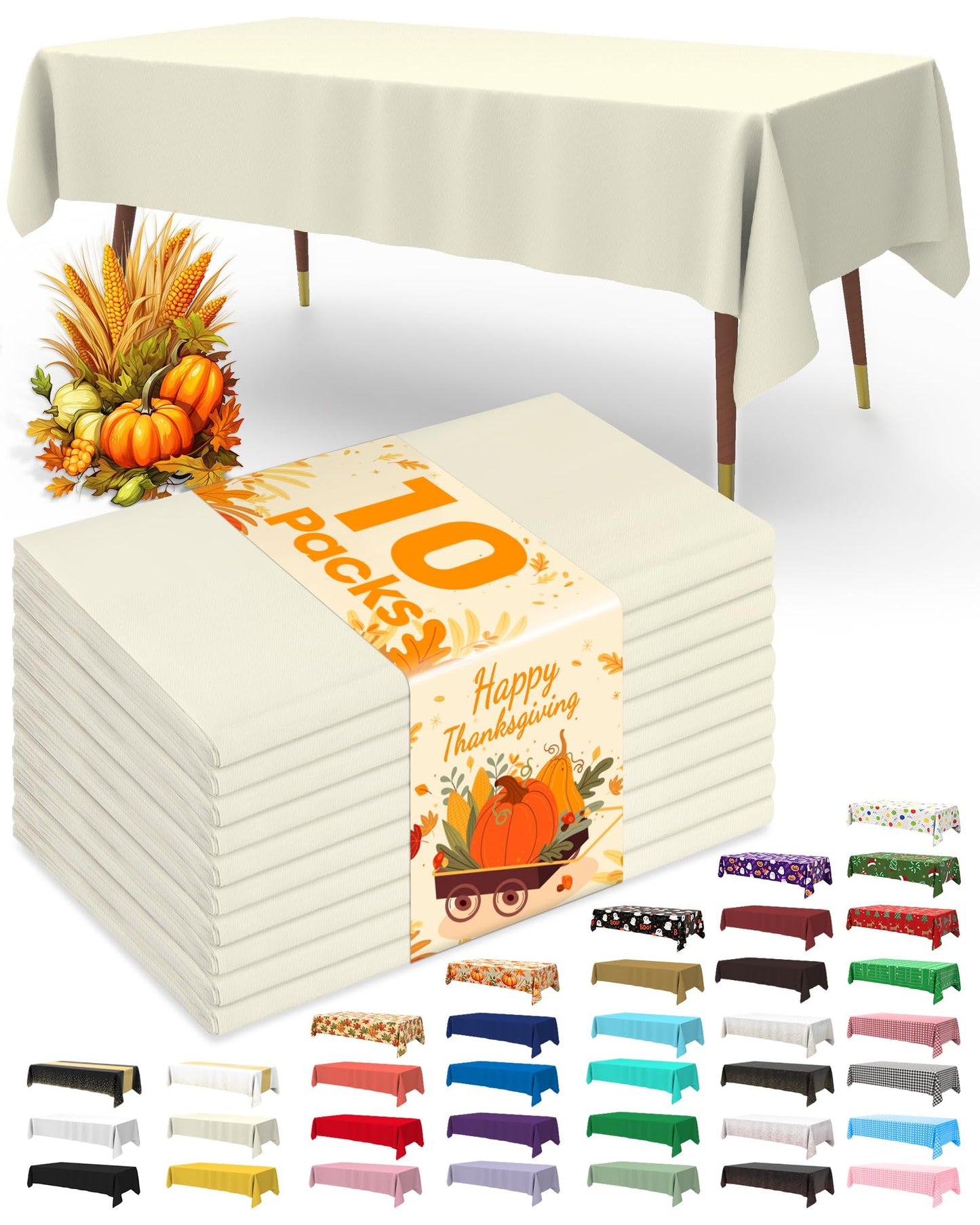 Pureegg Plastic Table Cloth Disposable 10 Pack, 54 x 108 Inch Table Cloths, Party, Picnic, Wedding, Decorative Tablecloths, Rectangle, White Plastic Cover, Leakproof & Sturdy, White