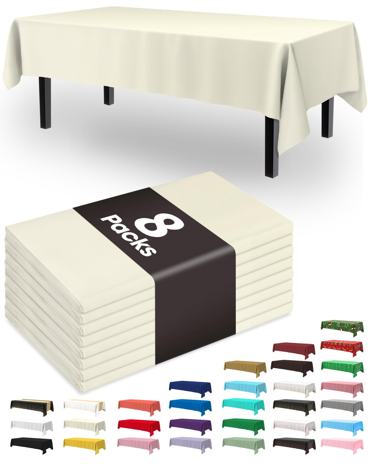 Pureegg Plastic Table Cloth Disposable 8 Pack, 54 x 108 Inch Table Cloths, Party, Picnic, Wedding, Decorative Tablecloths, Rectangle, White Plastic Cover, Leakproof & Sturdy, White
