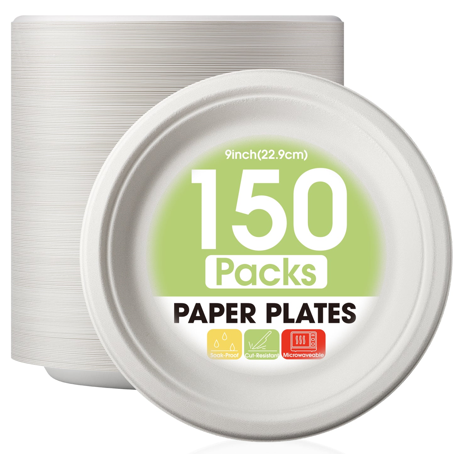 Pureegg Paper Plates 9 inch - 150 Packs, 100% Compostable & Disposable Plates, Heavy Duty Paper Plates for Dinner or Lunch, Sturdy Dinner Plates, Sugarcane Fiber Party Plates, White Paper Plates