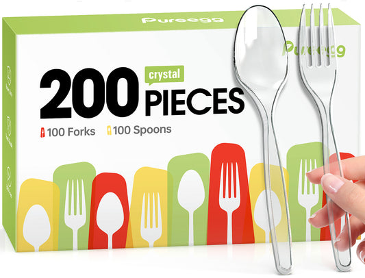 Pureegg Plastic Forks and Spoons - 200 Packs, Clear Utensile Combo: 100 Forks, 100 Spoons.
