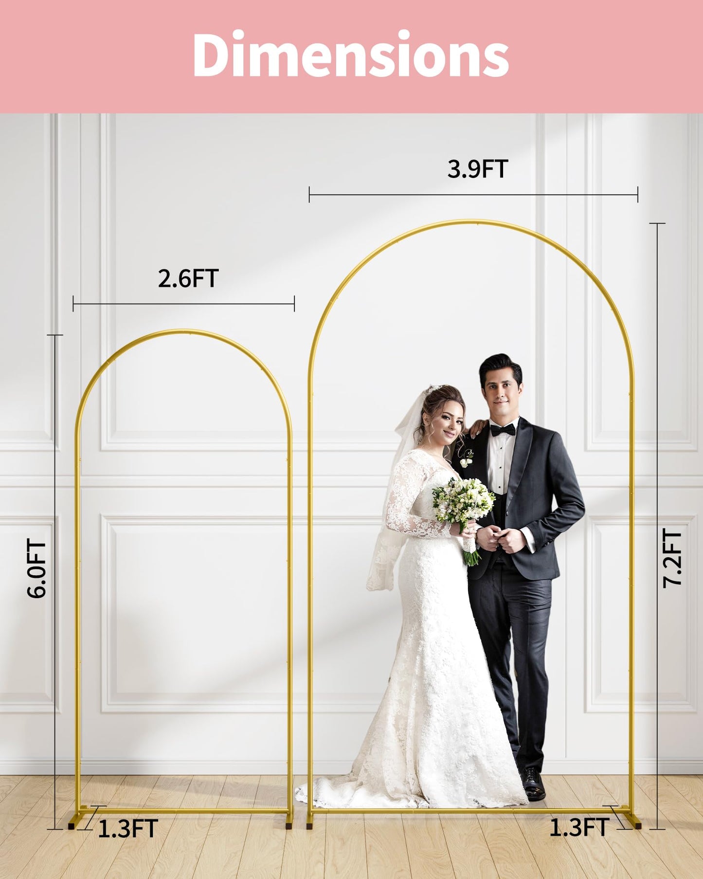 Pureegg Metal Arch Backdrop Stand Set - Set of 2 (7.2ft/6.0ft), Gold Wedding Stand with Stable Base, Elegant Backdrop Cover for Party, Birthday, Baby Shower, Graduation, Easy to Assemble