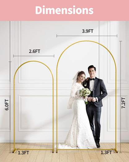 Pureegg Metal Arch Backdrop Stand Set - Set of 2 (7.2ft/6.0ft), Gold Wedding Stand with Stable Base, Elegant Backdrop Cover for Party, Birthday, Baby Shower, Graduation, Easy to Assemble
