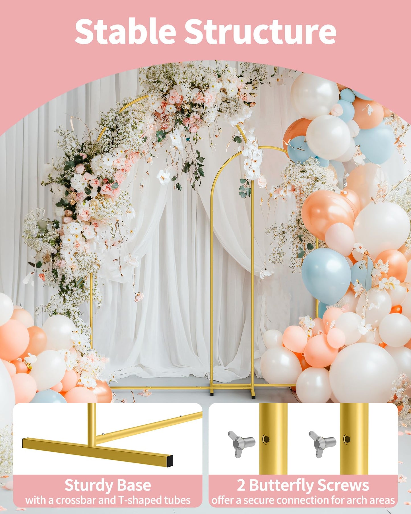 Pureegg Metal Arch Backdrop Stand Set - Set of 2 (7.2ft/6.0ft), Gold Wedding Stand with Stable Base, Elegant Backdrop Cover for Party, Birthday, Baby Shower, Graduation, Easy to Assemble