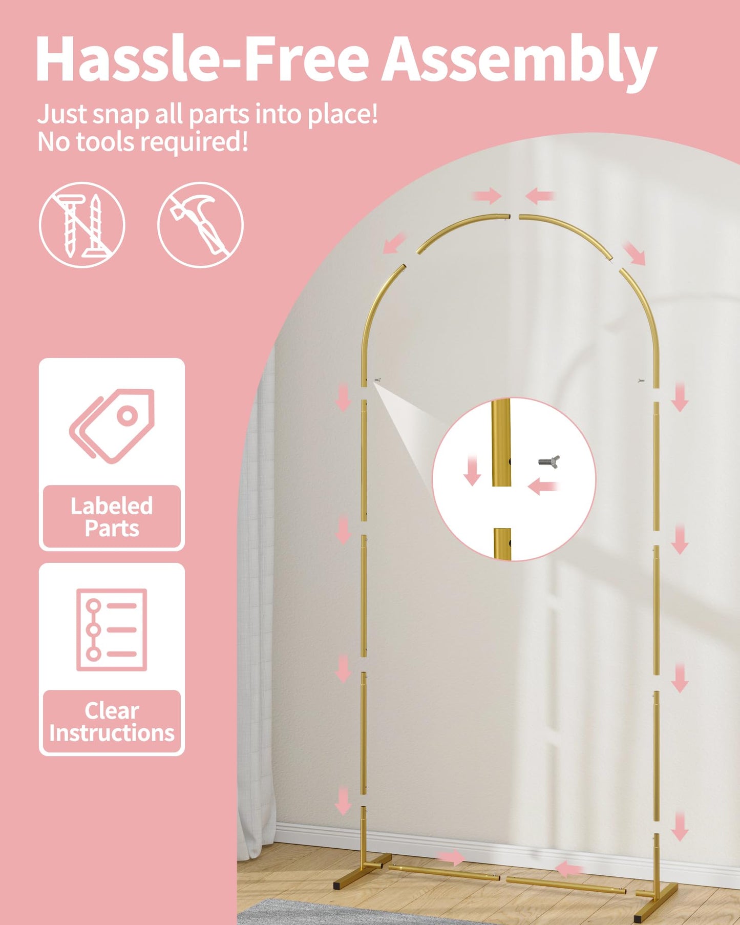Pureegg Metal Arch Backdrop Stand Set - Set of 2 (7.2ft/6.0ft), Gold Wedding Stand with Stable Base, Elegant Backdrop Cover for Party, Birthday, Baby Shower, Graduation, Easy to Assemble