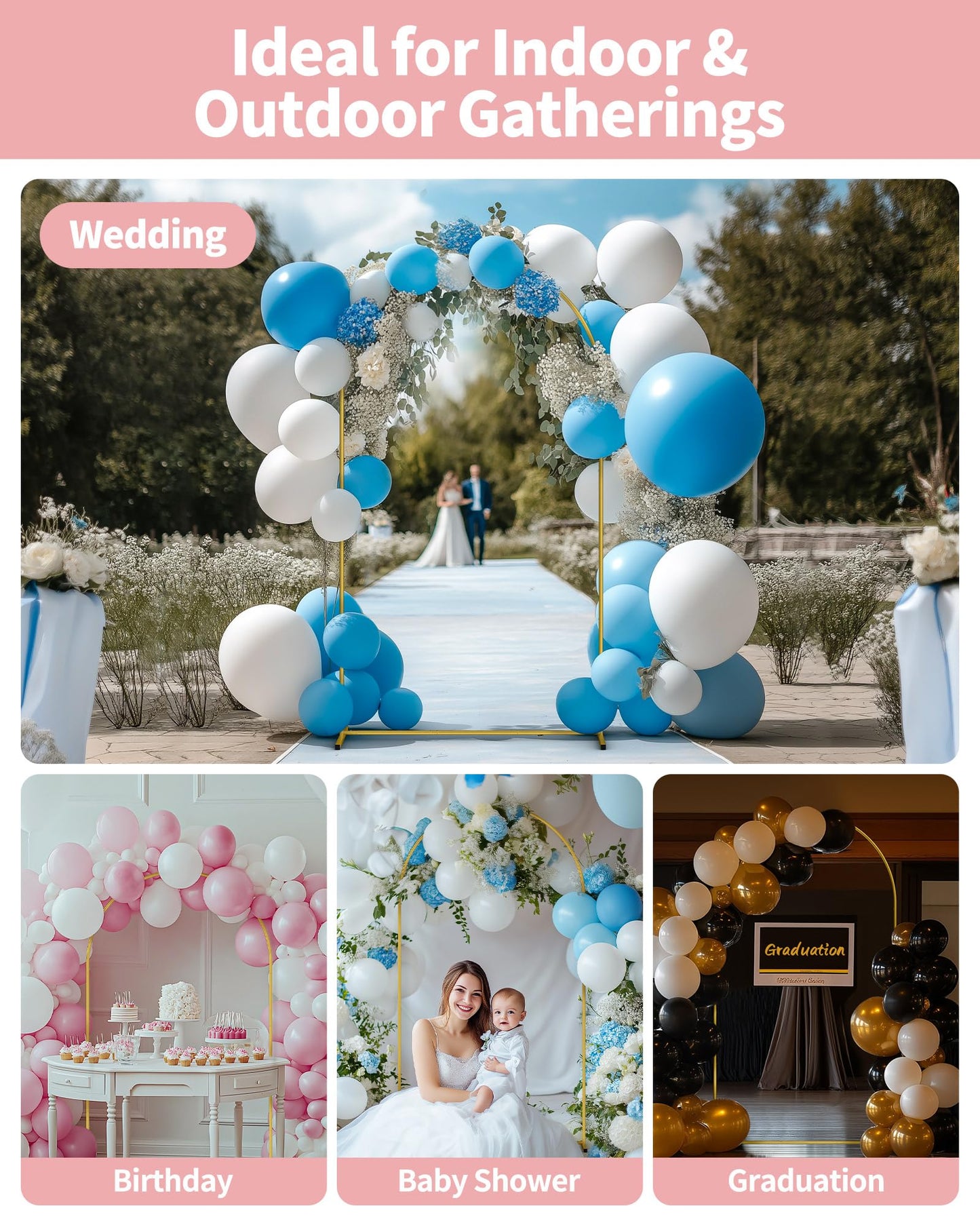 Pureegg Metal Arch Backdrop Stand Set - Set of 2 (7.2ft/6.0ft), Gold Wedding Stand with Stable Base, Elegant Backdrop Cover for Party, Birthday, Baby Shower, Graduation, Easy to Assemble