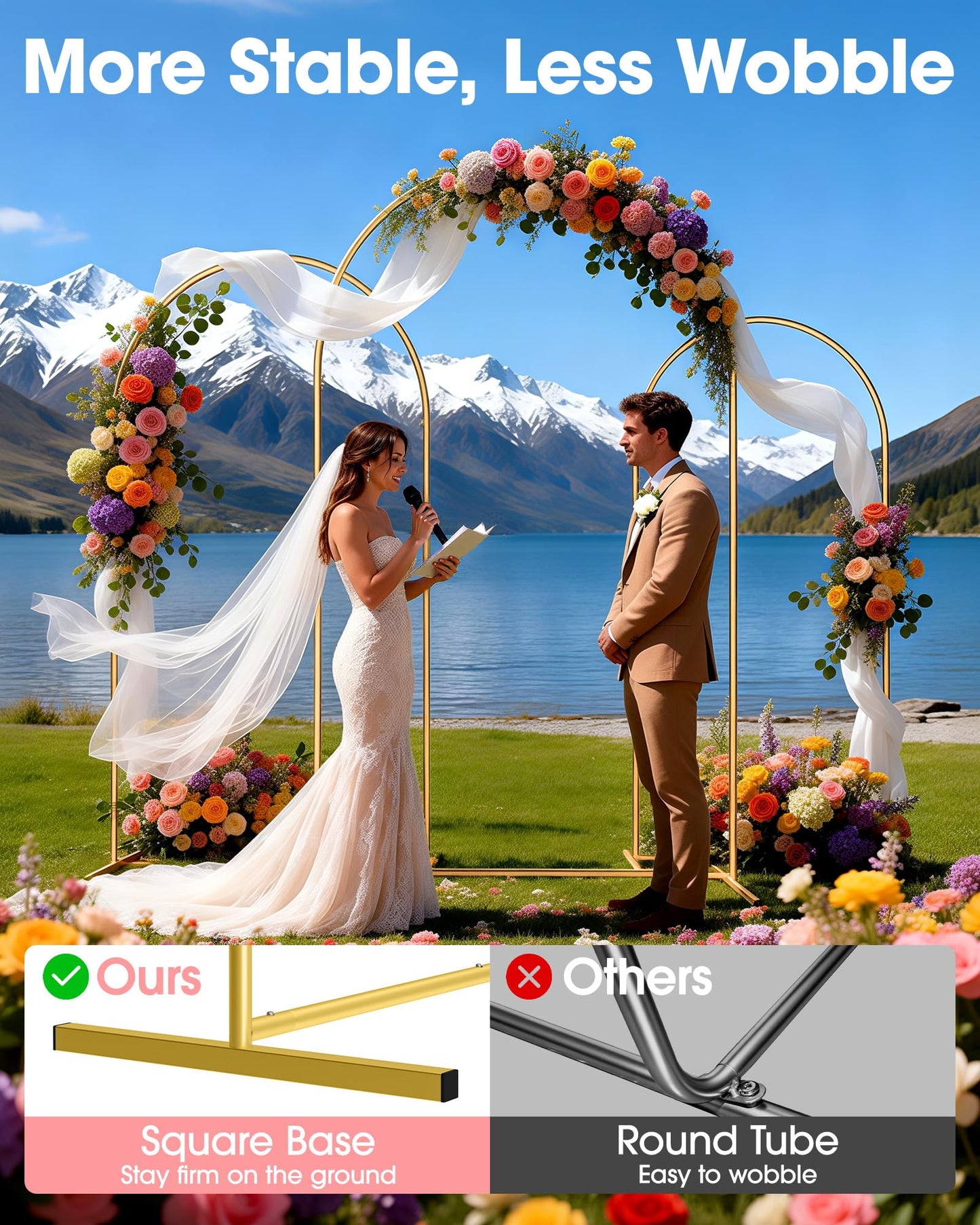 Pureegg Wedding Arch Backdrop Stand Set of 3 (7.2FT, 6.6FT, 6FT) - Stable Freestanding Gold Balloon Arch Stand, Easy Assembly & Reusable, Sturdy Metal Frame for Wedding, Baby Shower, Birthday