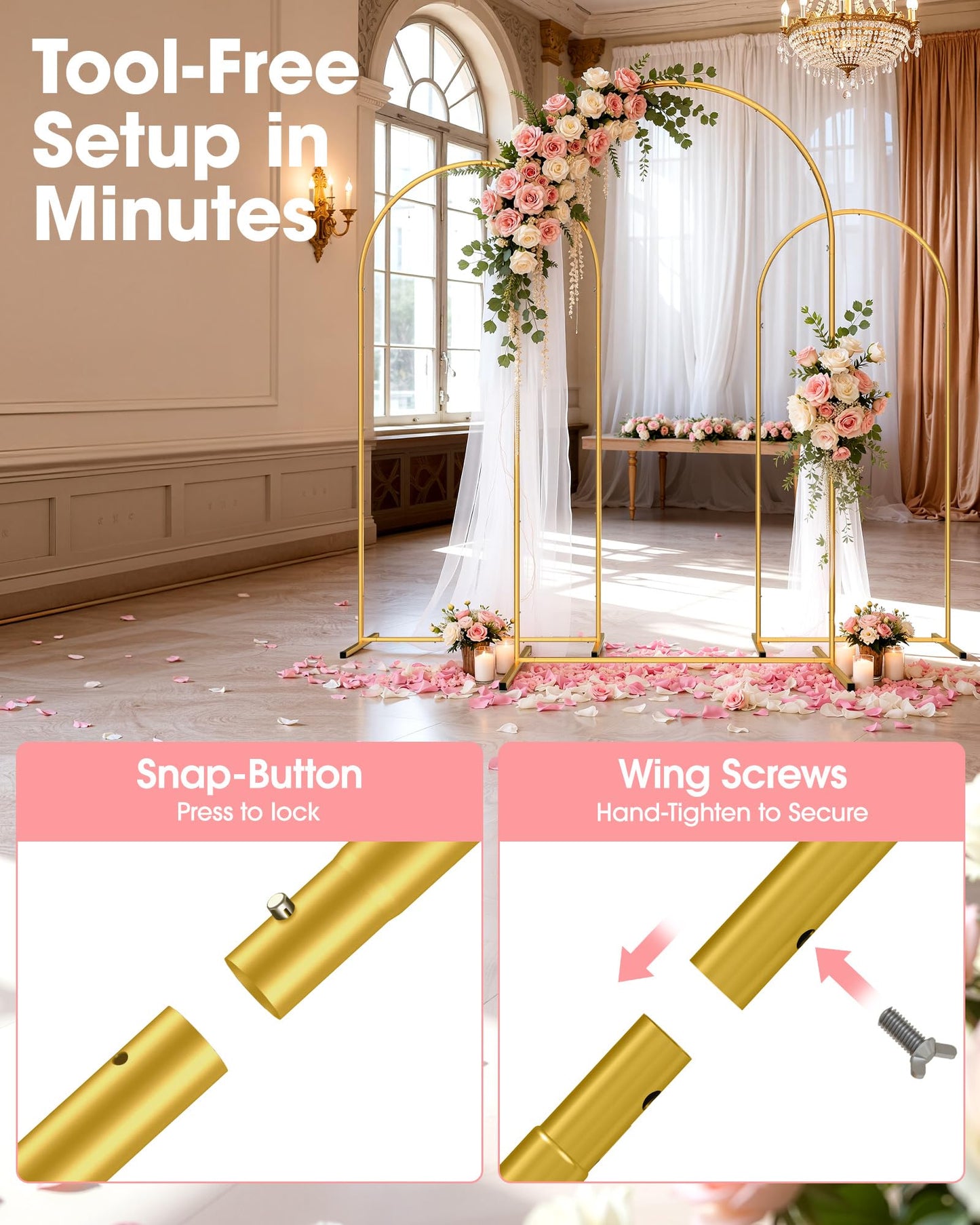 Pureegg Wedding Arch Backdrop Stand Set of 3 (7.2FT, 6.6FT, 6FT) - Stable Freestanding Gold Balloon Arch Stand, Easy Assembly & Reusable, Sturdy Metal Frame for Wedding, Baby Shower, Birthday