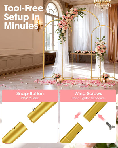 Pureegg Wedding Arch Backdrop Stand Set of 3 (7.2FT, 6.6FT, 6FT) - Stable Freestanding Gold Balloon Arch Stand, Easy Assembly & Reusable, Sturdy Metal Frame for Wedding, Baby Shower, Birthday