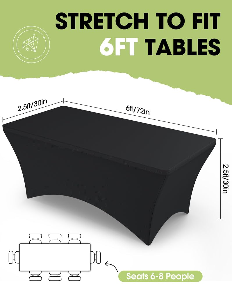 Pureegg Spandex Tablecloth 6ft - 2 Pack, Fitted and Tight Cloth for Rectangle Table, Wrinkle-Free and Stretch Table Cover for Party, Wedding, Banquet and Birthday, Black
