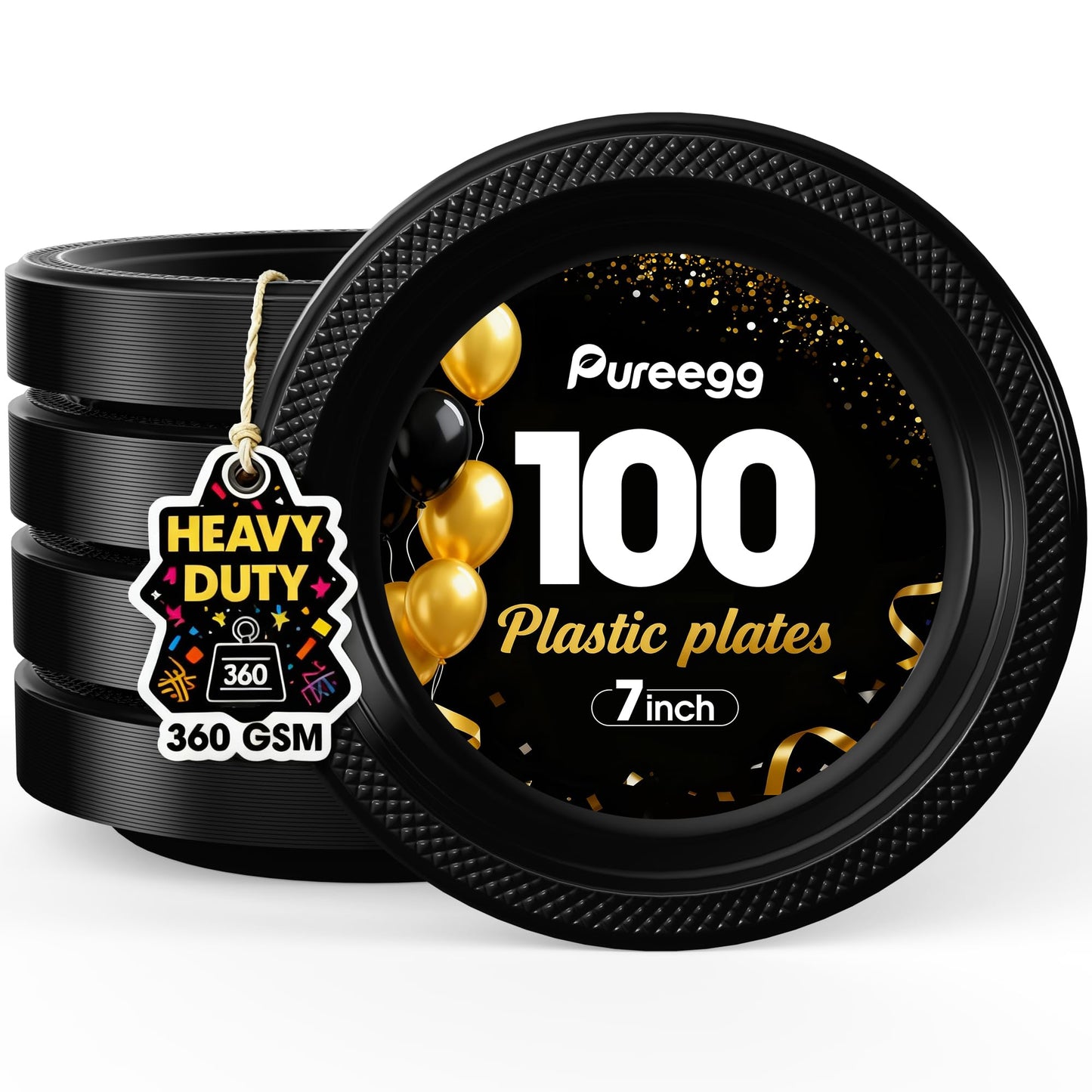 Pureegg Heavy Duty Black Plastic Plates, 100-Count, 7 Inch Disposable Plates - BPA-Free, Holds Steak & Pasta, No Sagging, for Parties BBQ Picnic Buffet