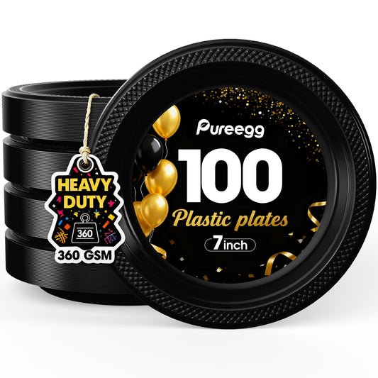 Pureegg Heavy Duty Black Plastic Plates, 100-Count, 7 Inch Disposable Plates - BPA-Free, Holds Steak & Pasta, No Sagging, for Parties BBQ Picnic Buffet