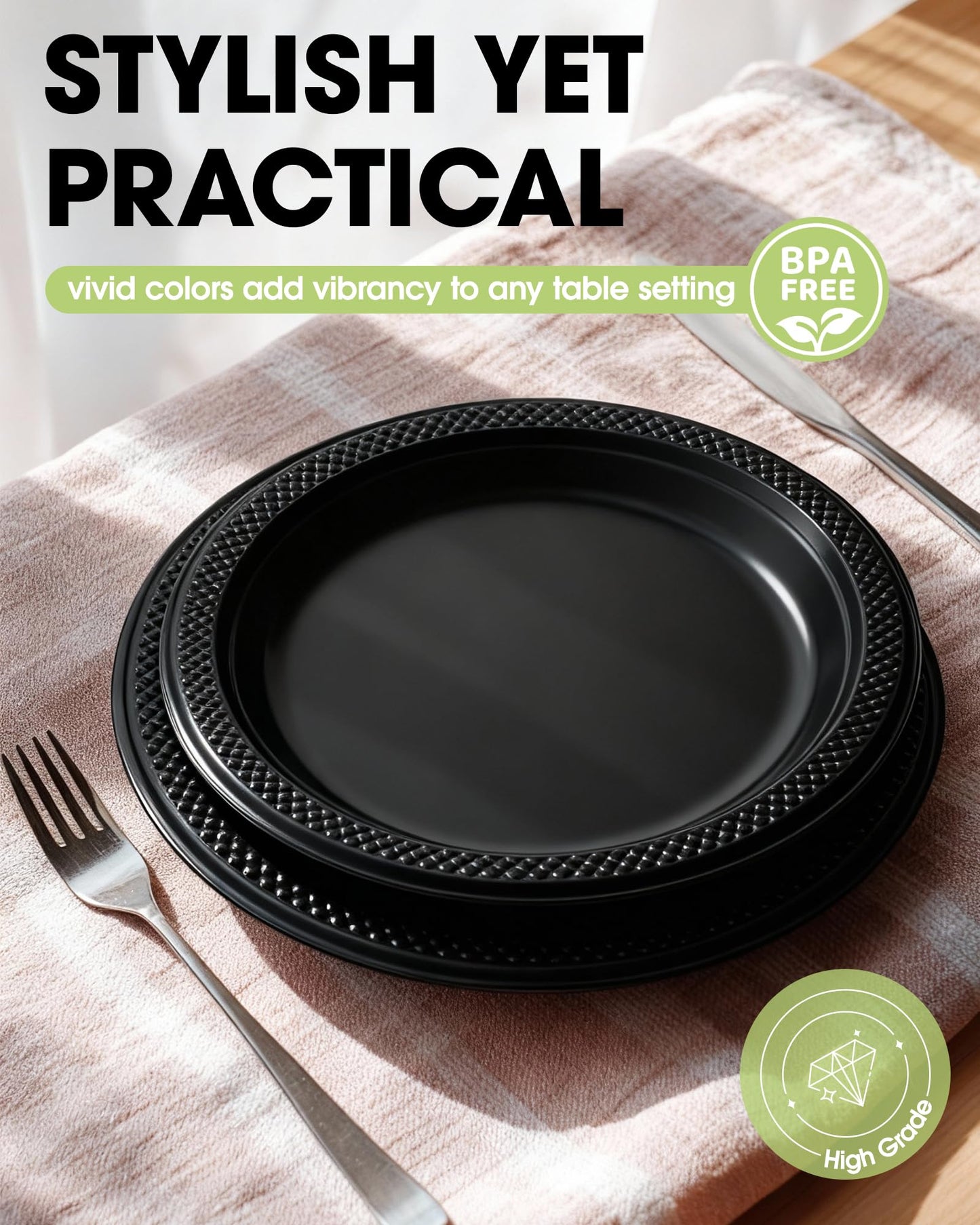 Pureegg Heavy Duty Black Plastic Plates, 100-Count, 7 Inch Disposable Plates - BPA-Free, Holds Steak & Pasta, No Sagging, for Parties BBQ Picnic Buffet