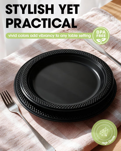 Pureegg Heavy Duty Black Plastic Plates, 100-Count, 7 Inch Disposable Plates - BPA-Free, Holds Steak & Pasta, No Sagging, for Parties BBQ Picnic Buffet