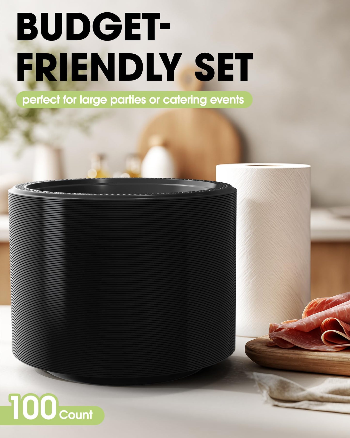 Pureegg Heavy Duty Black Plastic Plates, 100-Count, 7 Inch Disposable Plates - BPA-Free, Holds Steak & Pasta, No Sagging, for Parties BBQ Picnic Buffet