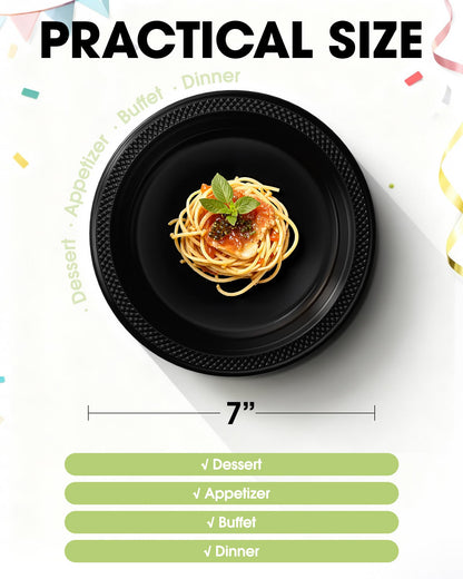Pureegg Heavy Duty Black Plastic Plates, 100-Count, 7 Inch Disposable Plates - BPA-Free, Holds Steak & Pasta, No Sagging, for Parties BBQ Picnic Buffet