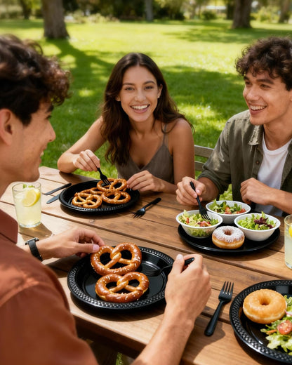 Pureegg Heavy Duty Black Plastic Plates, 100-Count, 7 Inch Disposable Plates - BPA-Free, Holds Steak & Pasta, No Sagging, for Parties BBQ Picnic Buffet