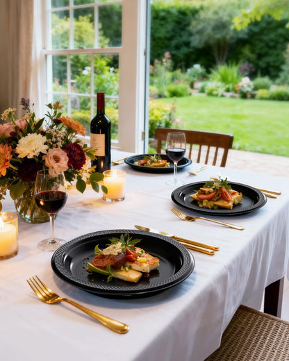 Pureegg Heavy Duty Black Plastic Plates, 100-Count, 7 Inch Disposable Plates - BPA-Free, Holds Steak & Pasta, No Sagging, for Parties BBQ Picnic Buffet