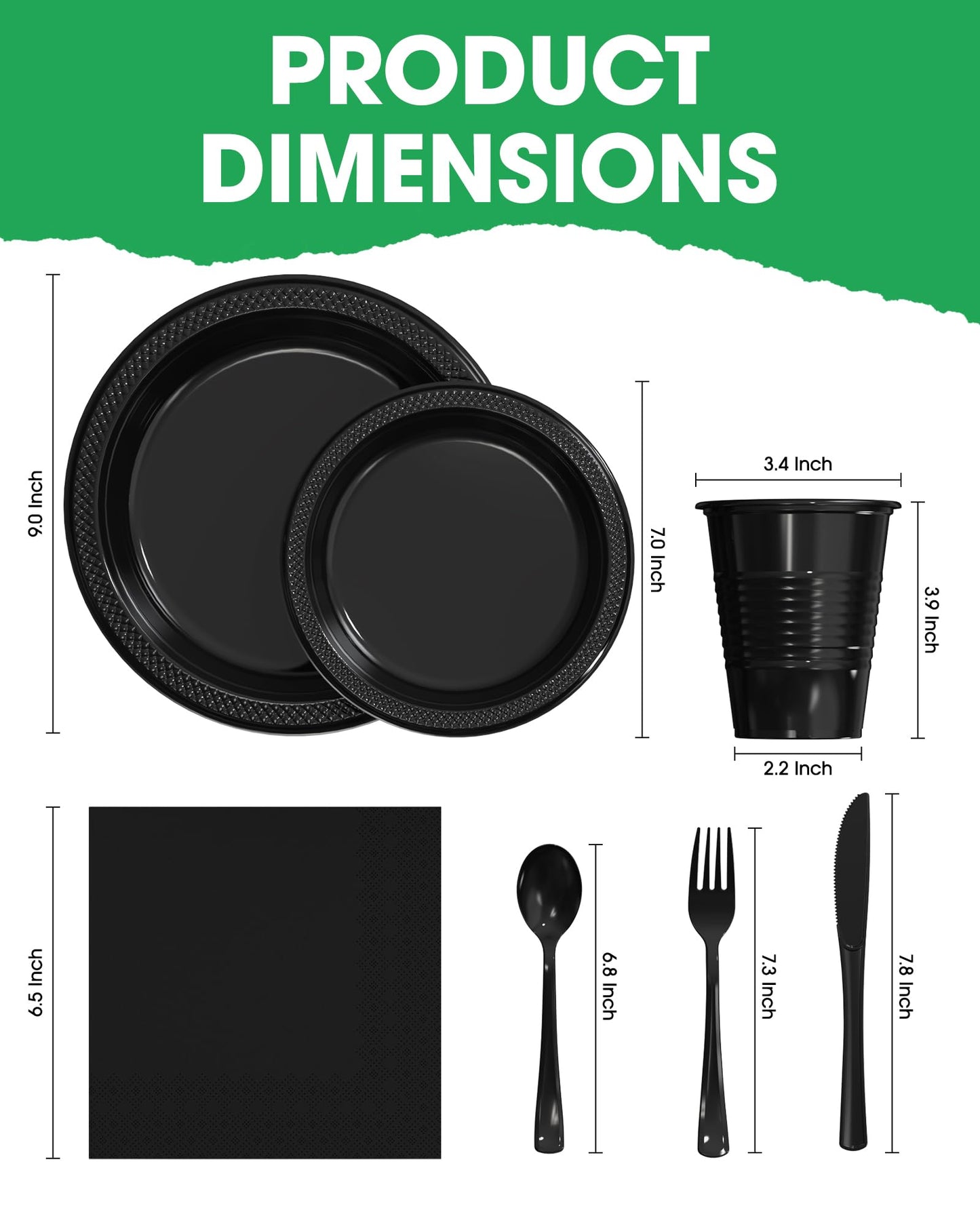 Pureegg Black Plastic Plates Set - 350 Pcs Complete Dinnerware Sets for 50 Guests, Disposable Plates, Utensils, Cups, Napkins Included, for Party, Gathering, Wedding, Daily Use