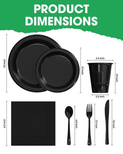 Pureegg Black Plastic Plates Set - 350 Pcs Complete Dinnerware Sets for 50 Guests, Disposable Plates, Utensils, Cups, Napkins Included, for Party, Gathering, Wedding, Daily Use