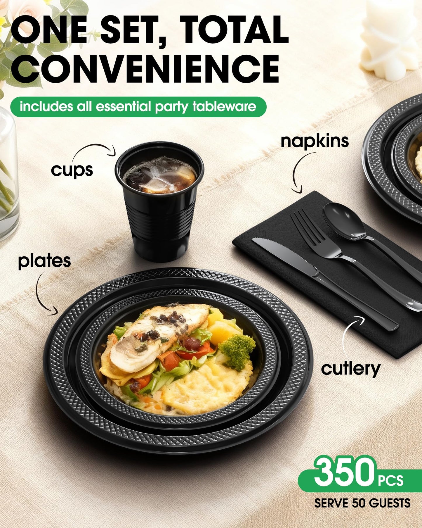 Pureegg Black Plastic Plates Set - 350 Pcs Complete Dinnerware Sets for 50 Guests, Disposable Plates, Utensils, Cups, Napkins Included, for Party, Gathering, Wedding, Daily Use