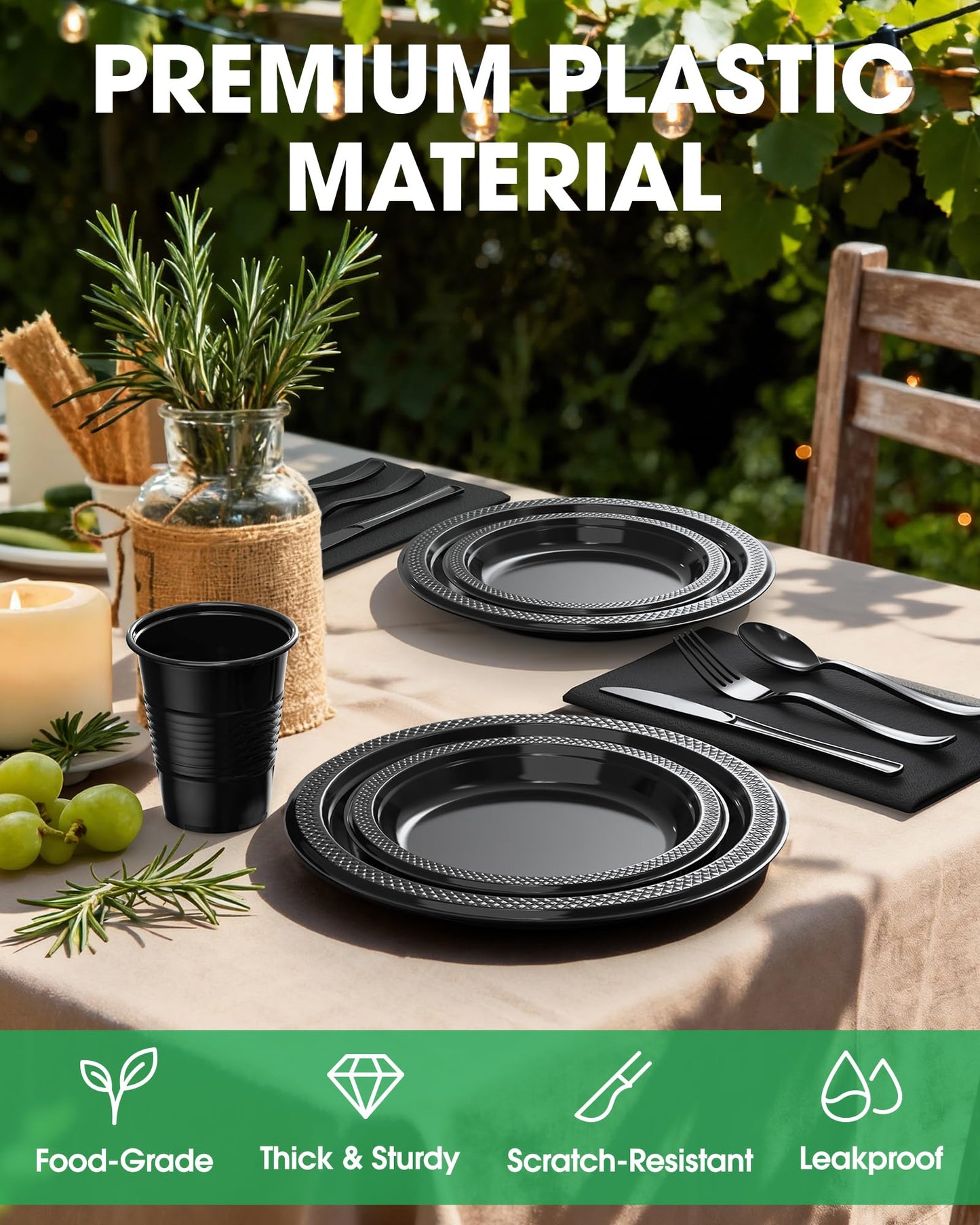 Pureegg Black Plastic Plates Set - 350 Pcs Complete Dinnerware Sets for 50 Guests, Disposable Plates, Utensils, Cups, Napkins Included, for Party, Gathering, Wedding, Daily Use