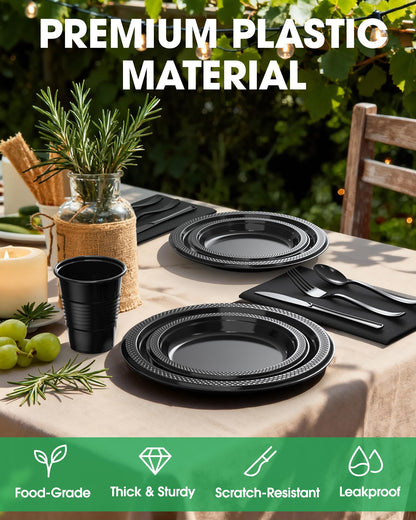 Pureegg Black Plastic Plates Set - 350 Pcs Complete Dinnerware Sets for 50 Guests, Disposable Plates, Utensils, Cups, Napkins Included, for Party, Gathering, Wedding, Daily Use