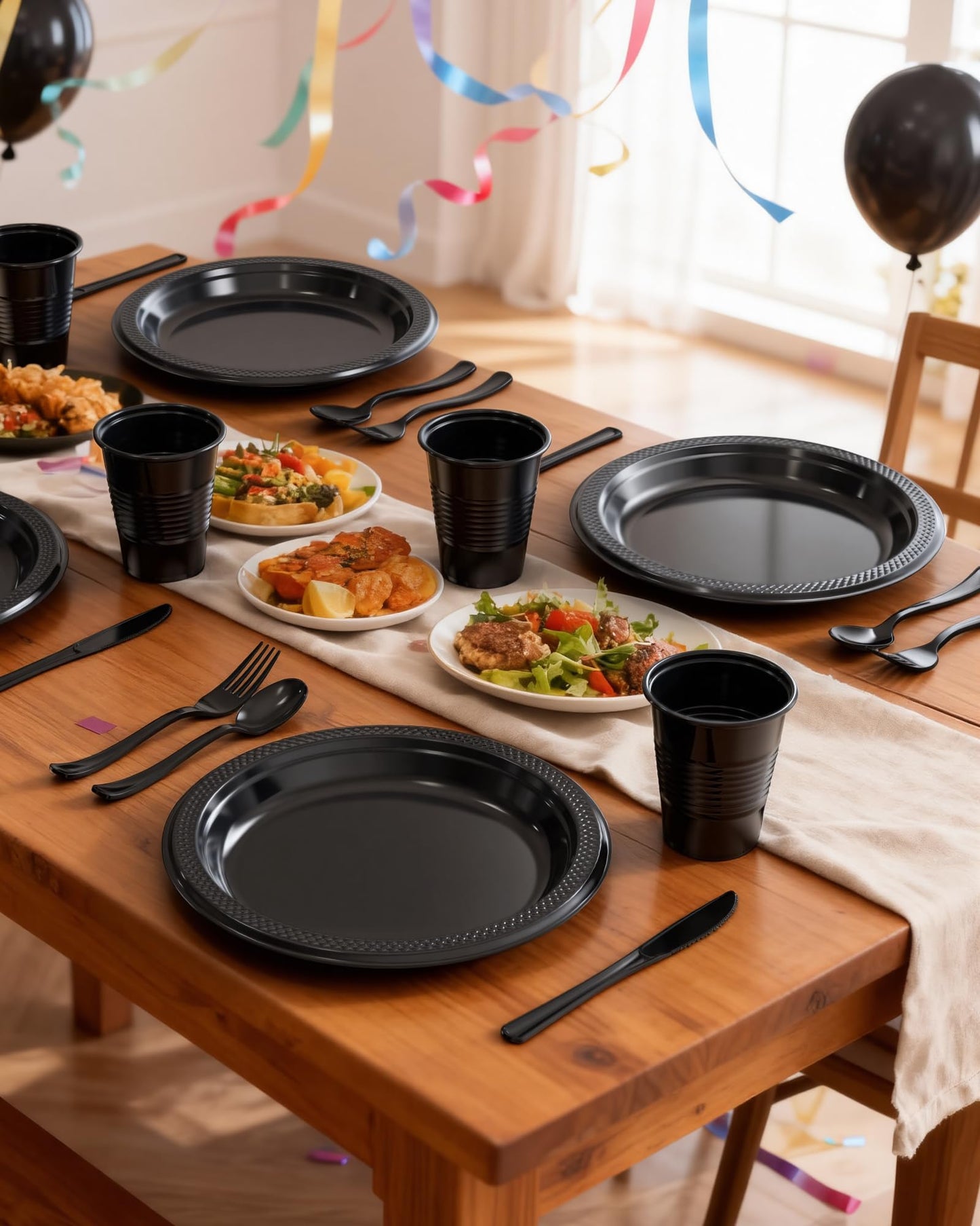 Pureegg Black Plastic Plates Set - 350 Pcs Complete Dinnerware Sets for 50 Guests, Disposable Plates, Utensils, Cups, Napkins Included, for Party, Gathering, Wedding, Daily Use