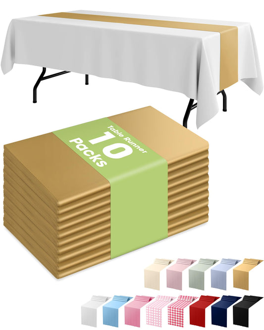 Pureegg Gold Plastic Table Runners - 10 Pack, 14'' x 108'', Water Resistant & Disposable Centerpiece Decorations for Table Cloth, Wedding, Birthday, Holiday, Baby Shower, Party, Home Decor