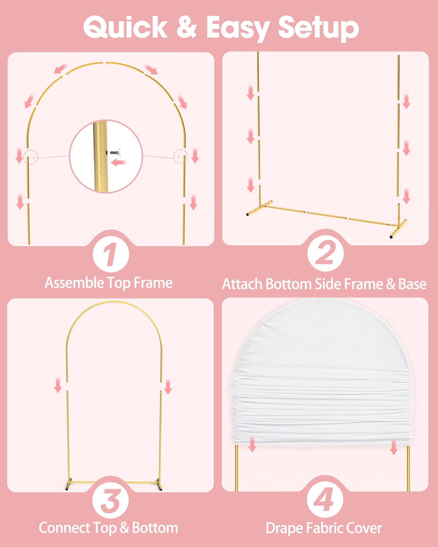 Pureegg Arch Backdrop Stand and Cover Set - 7.2FT Gold Metal Frame with White Fabric Cover, Easy-to-Assemble Wedding Arch Stand for Parties and Celebrations