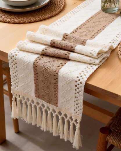 Pureegg Boho Linen Table Runner with Tassels – Macrame Farmhouse Decor for Dining Table, Bedroom, Baby or Bridal Shower