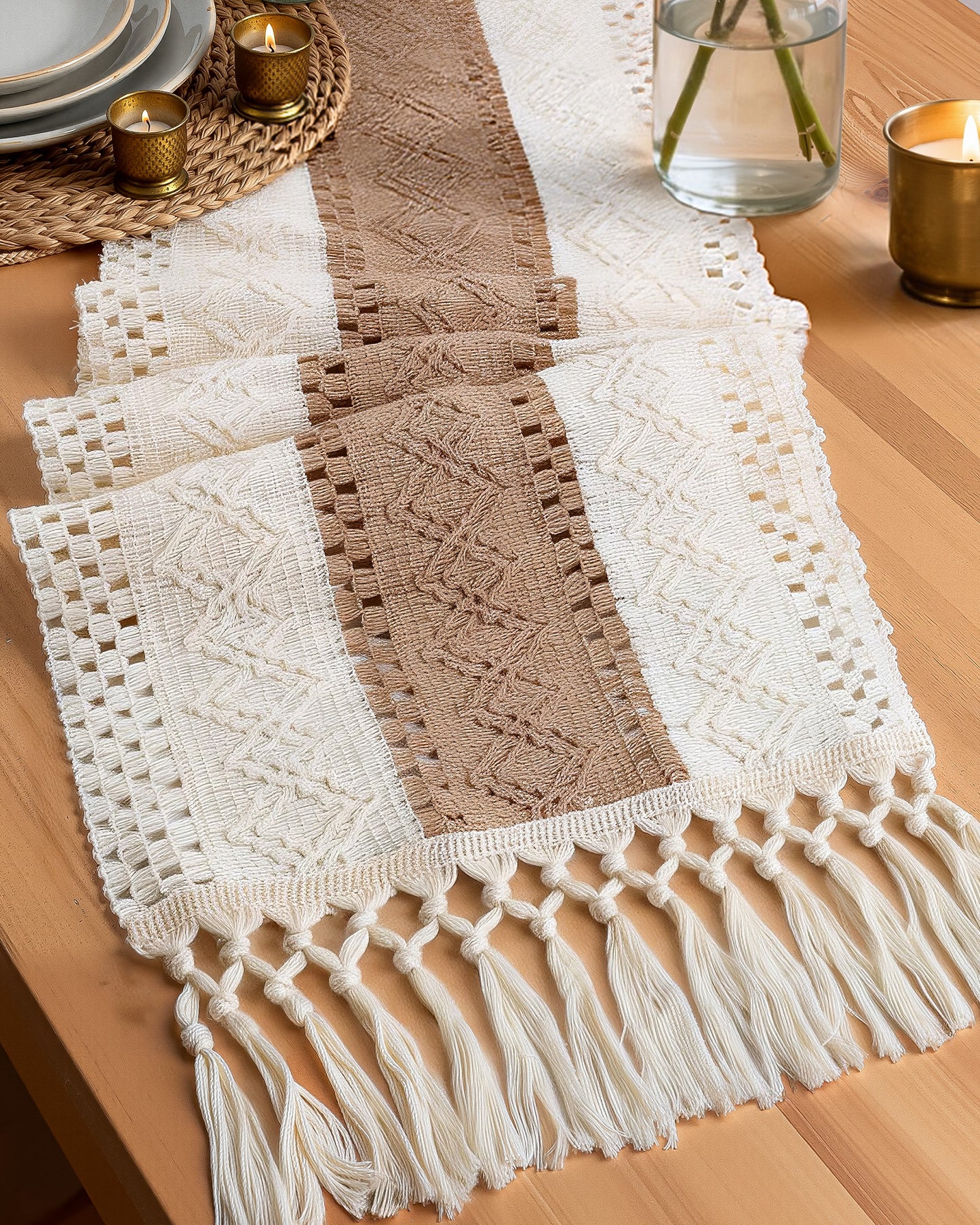 Pureegg Boho Linen Table Runner with Tassels – Macrame Farmhouse Decor for Dining Table, Bedroom, Baby or Bridal Shower