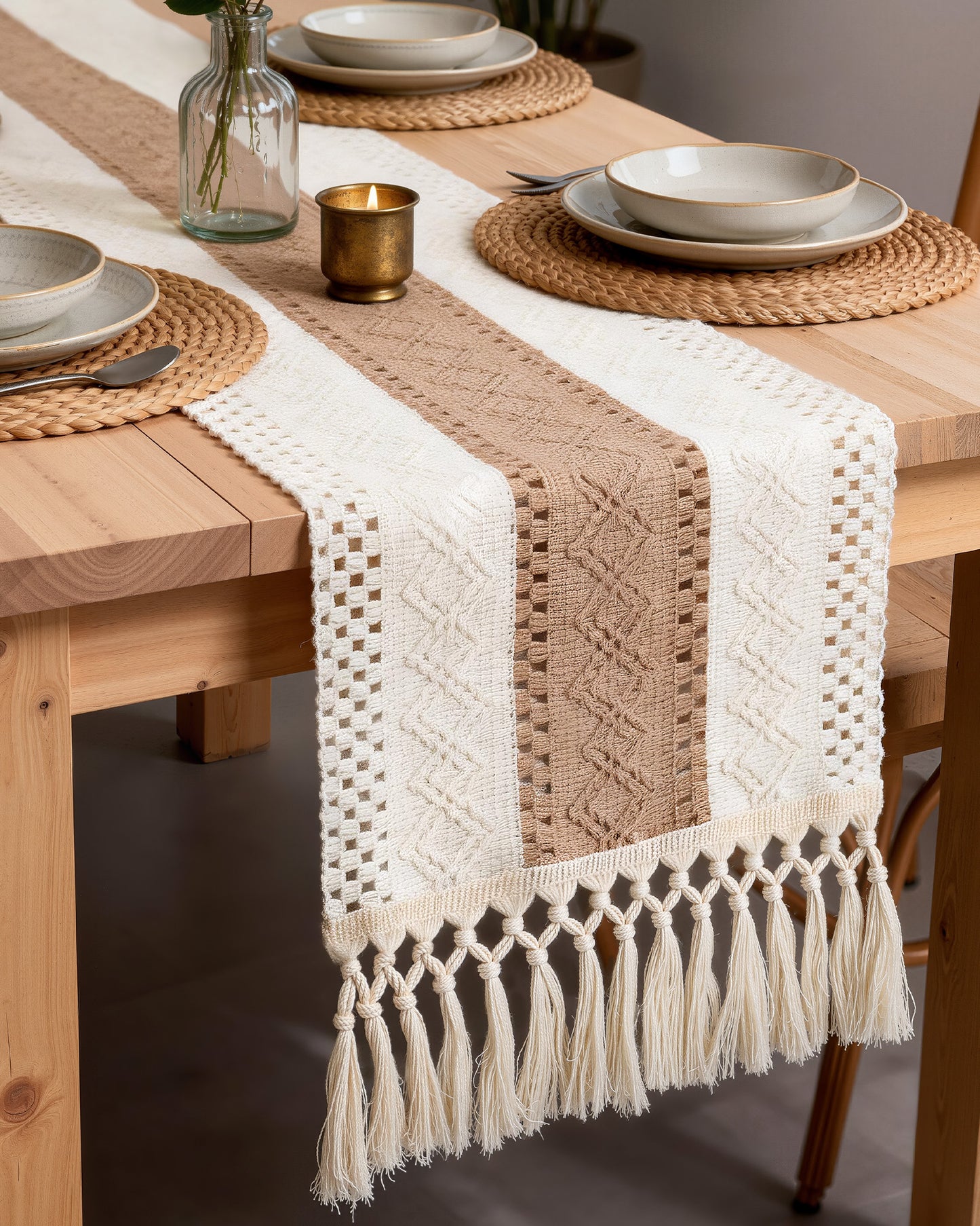Pureegg Boho Linen Table Runner with Tassels – Macrame Farmhouse Decor for Dining Table, Bedroom, Baby or Bridal Shower