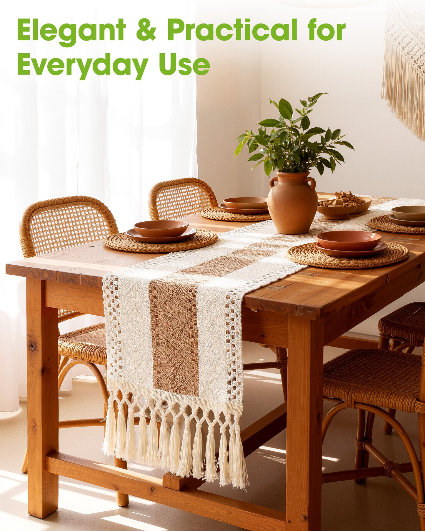 Pureegg Boho Linen Table Runner with Tassels – Macrame Farmhouse Decor for Dining Table, Bedroom, Baby or Bridal Shower