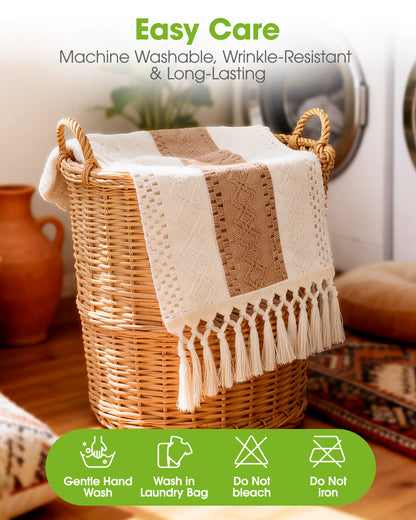 Pureegg Boho Linen Table Runner with Tassels – Macrame Farmhouse Decor for Dining Table, Bedroom, Baby or Bridal Shower