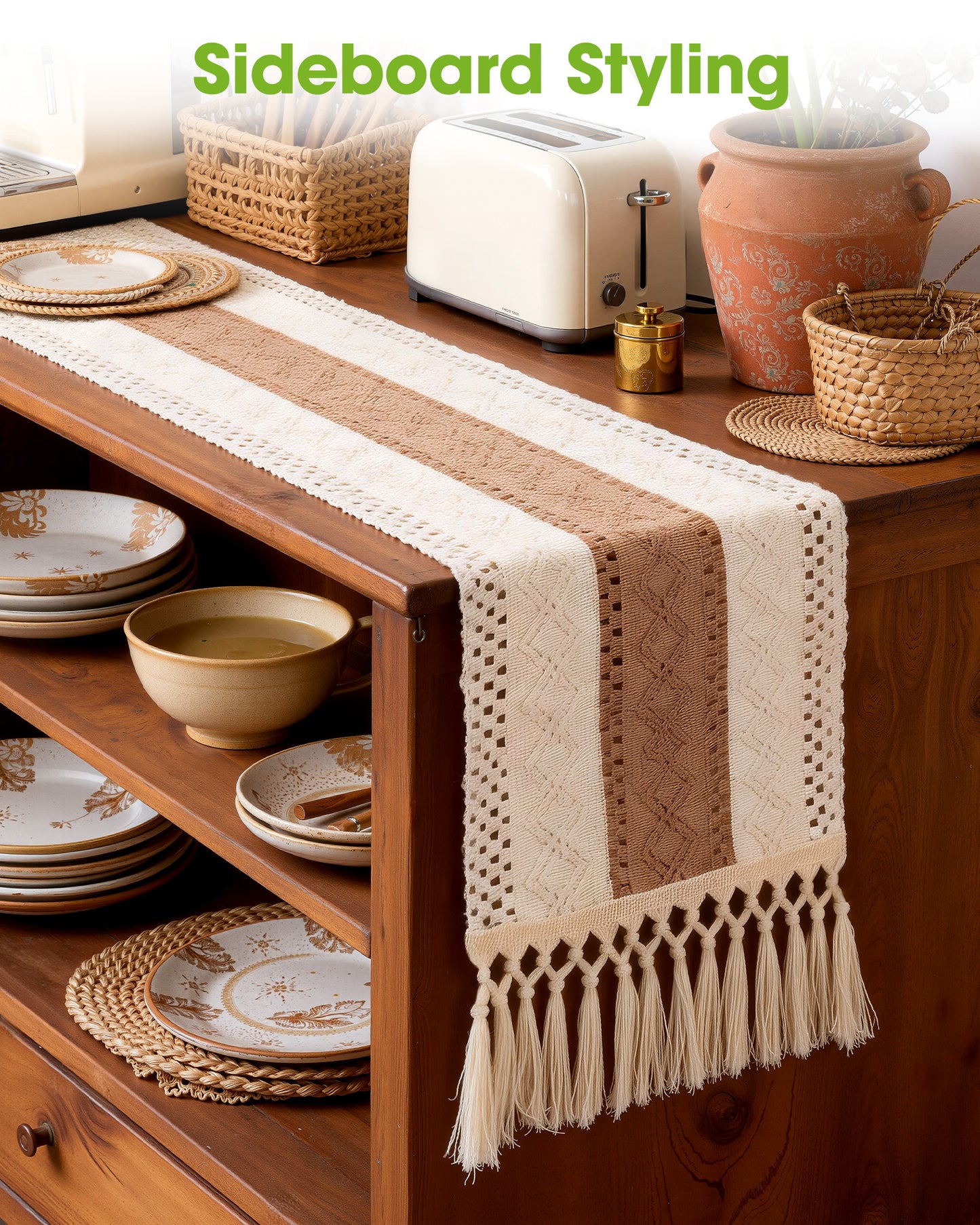 Pureegg Boho Linen Table Runner with Tassels – Macrame Farmhouse Decor for Dining Table, Bedroom, Baby or Bridal Shower