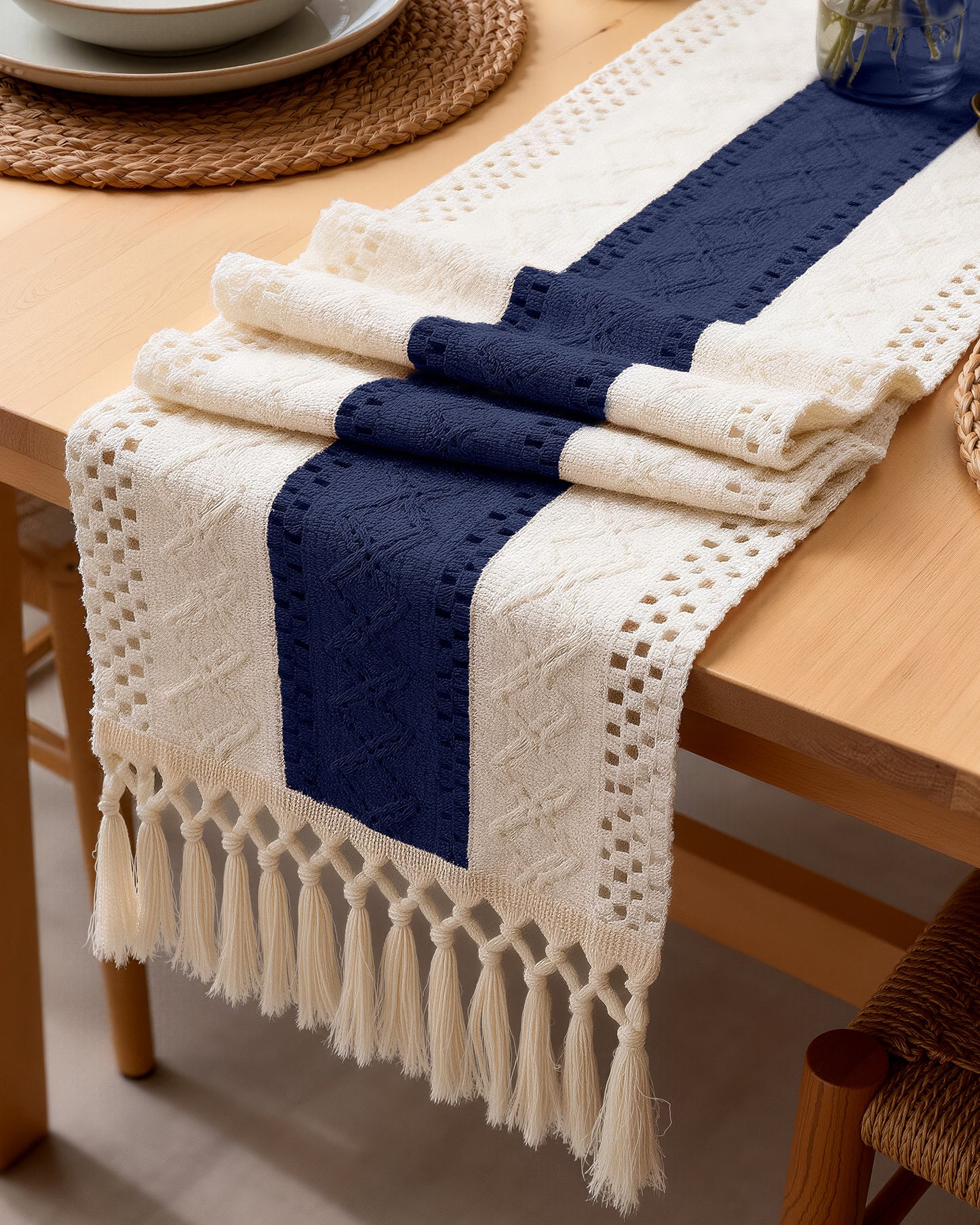 Pureegg Boho Linen Table Runner with Tassels – Macrame Farmhouse Decor for Dining Table, Bedroom, Baby or Bridal Shower