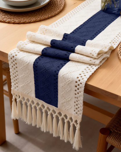 Pureegg Boho Linen Table Runner with Tassels – Macrame Farmhouse Decor for Dining Table, Bedroom, Baby or Bridal Shower