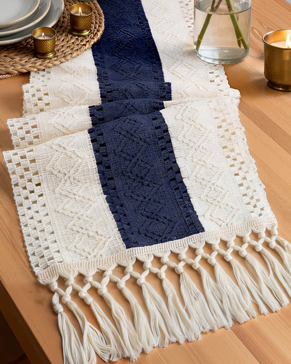 Pureegg Boho Linen Table Runner with Tassels – Macrame Farmhouse Decor for Dining Table, Bedroom, Baby or Bridal Shower