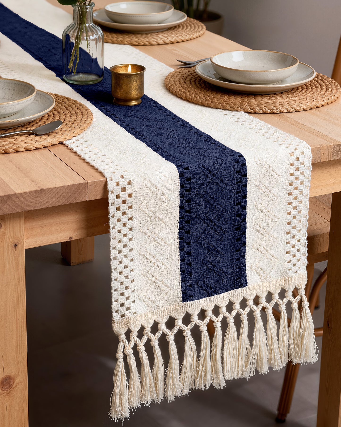 Pureegg Boho Linen Table Runner with Tassels – Macrame Farmhouse Decor for Dining Table, Bedroom, Baby or Bridal Shower