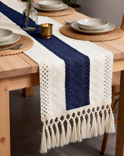 Pureegg Boho Linen Table Runner with Tassels – Macrame Farmhouse Decor for Dining Table, Bedroom, Baby or Bridal Shower