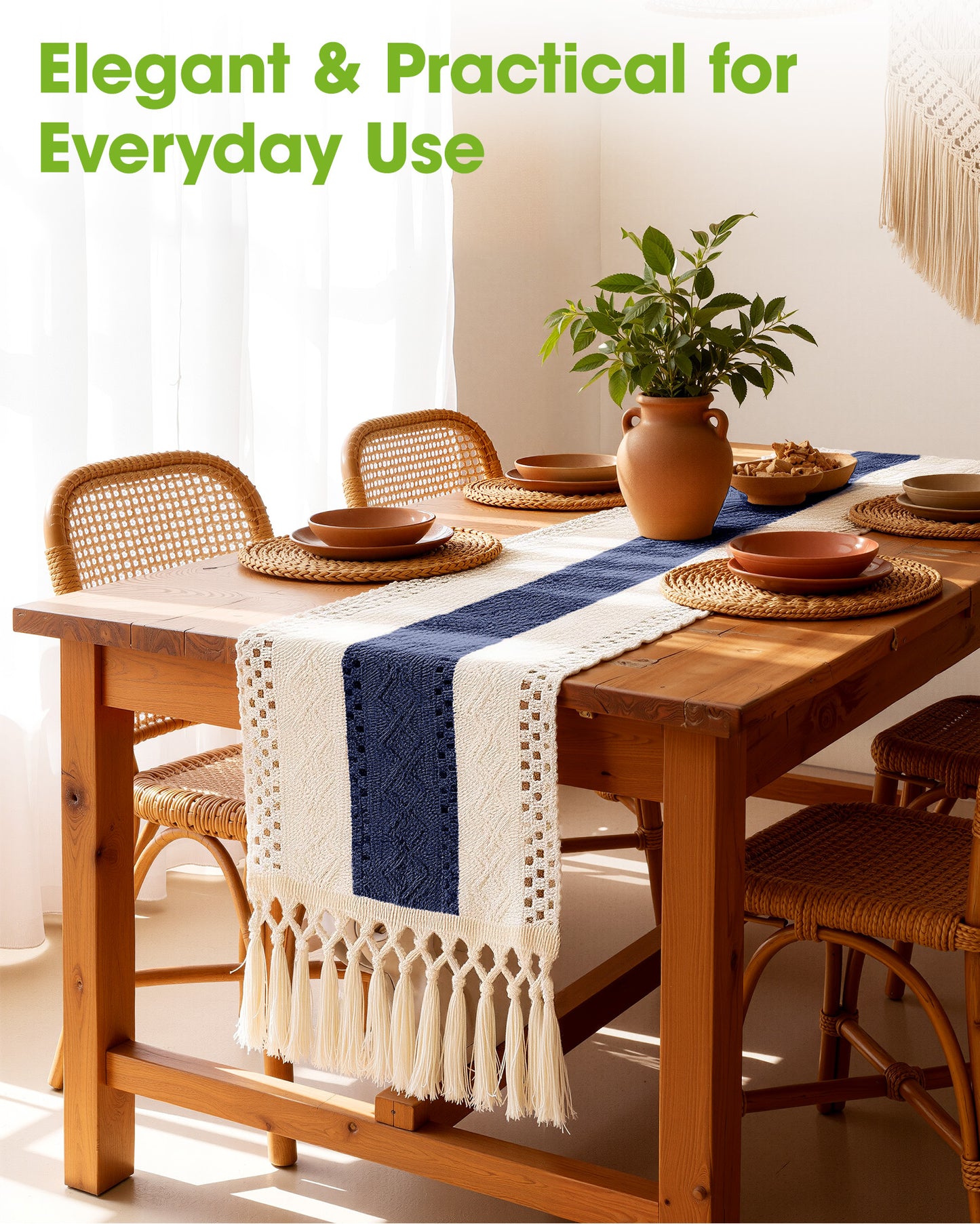 Pureegg Boho Linen Table Runner with Tassels – Macrame Farmhouse Decor for Dining Table, Bedroom, Baby or Bridal Shower