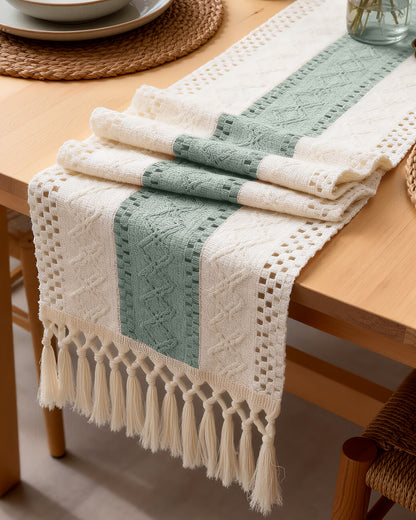 Pureegg Boho Linen Table Runner with Tassels – Macrame Farmhouse Decor for Dining Table, Bedroom, Baby or Bridal Shower
