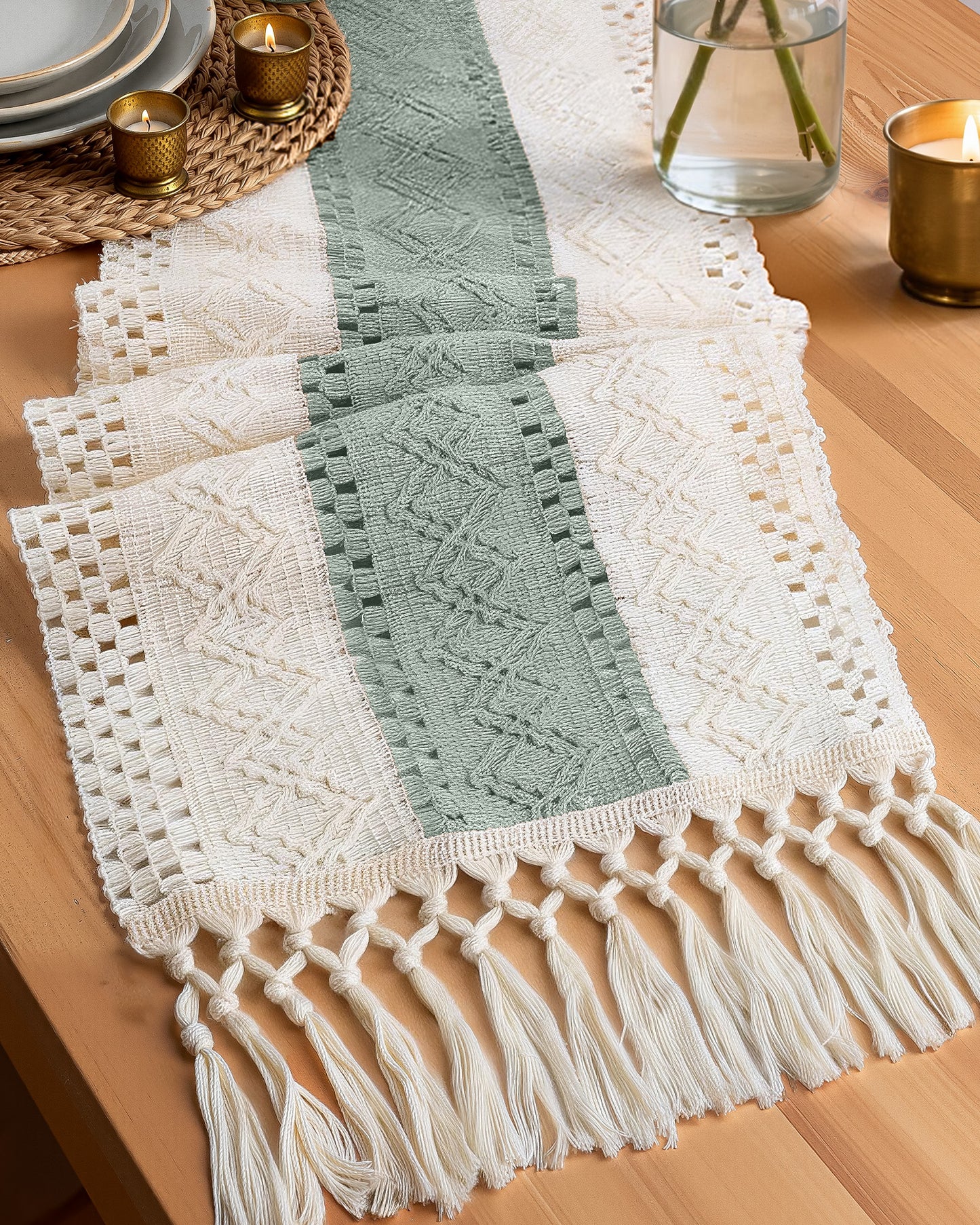 Pureegg Boho Linen Table Runner with Tassels – Macrame Farmhouse Decor for Dining Table, Bedroom, Baby or Bridal Shower