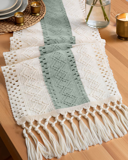 Pureegg Boho Linen Table Runner with Tassels – Macrame Farmhouse Decor for Dining Table, Bedroom, Baby or Bridal Shower