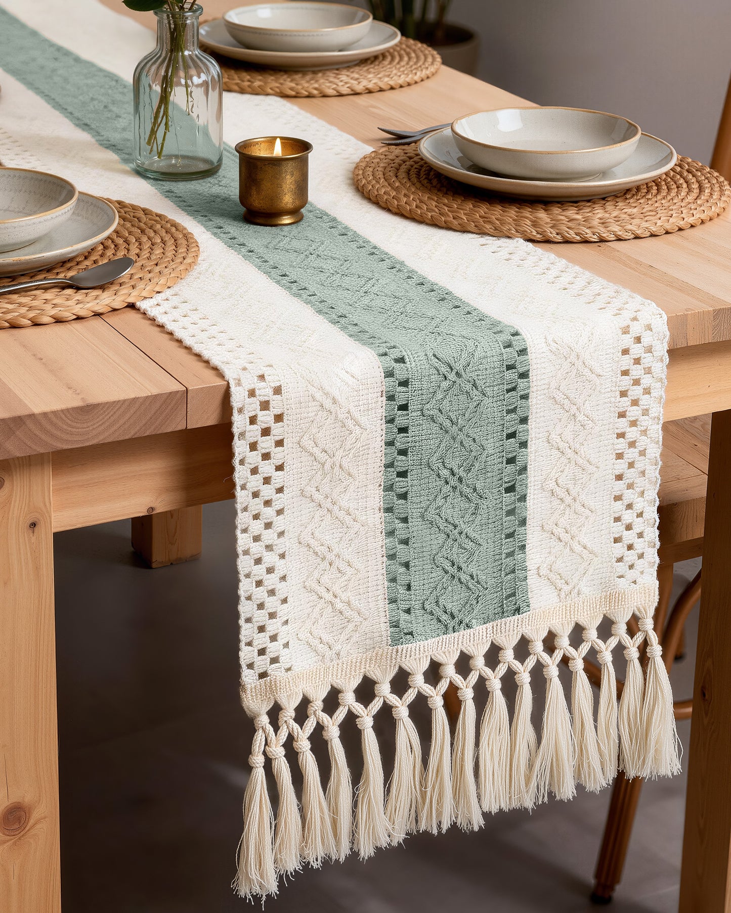 Pureegg Boho Linen Table Runner with Tassels – Macrame Farmhouse Decor for Dining Table, Bedroom, Baby or Bridal Shower
